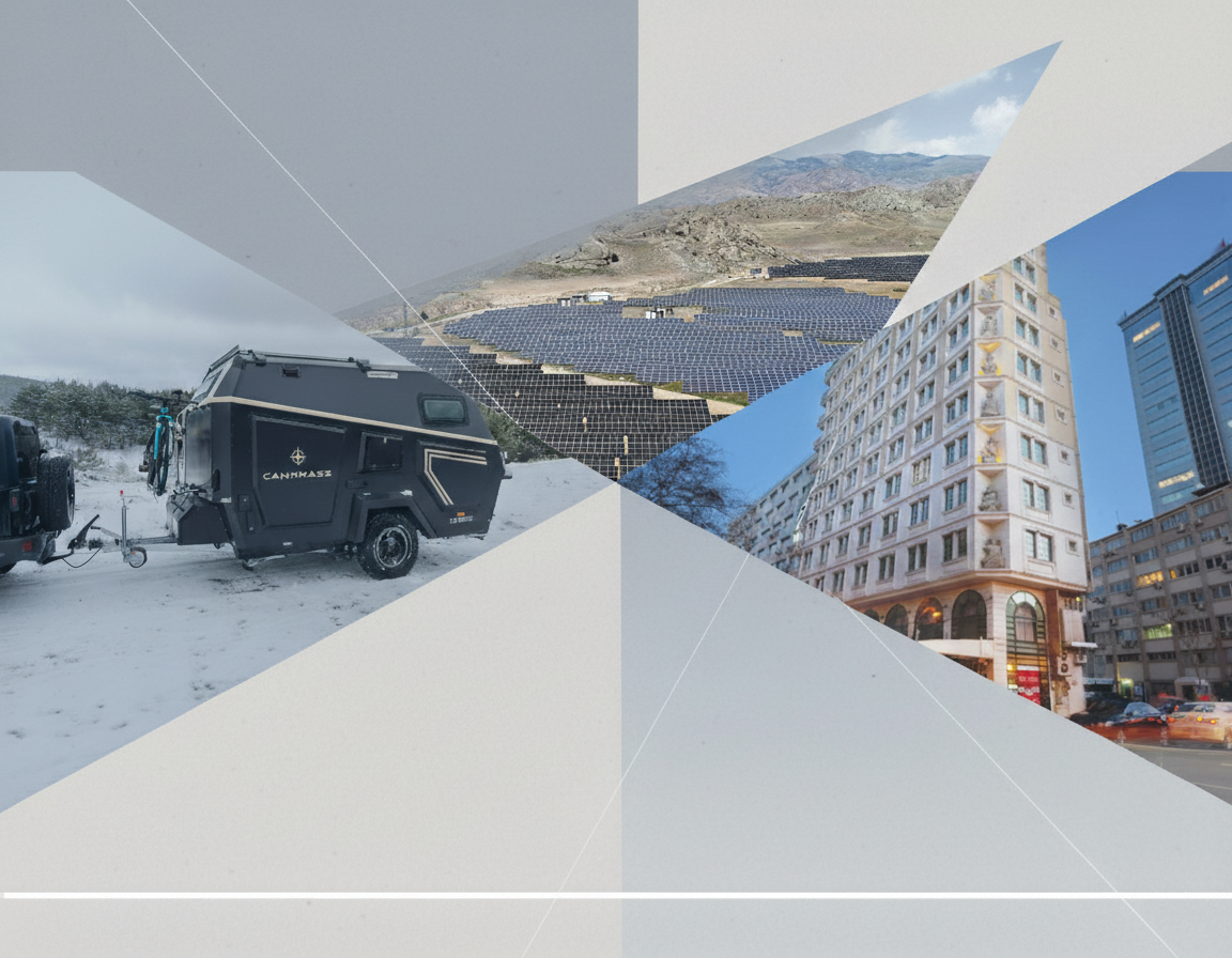 SaZe faaliyet alanları kolajı: Güneş panelleri, modern bir otel lobisi ve şık bir çekme karavan
